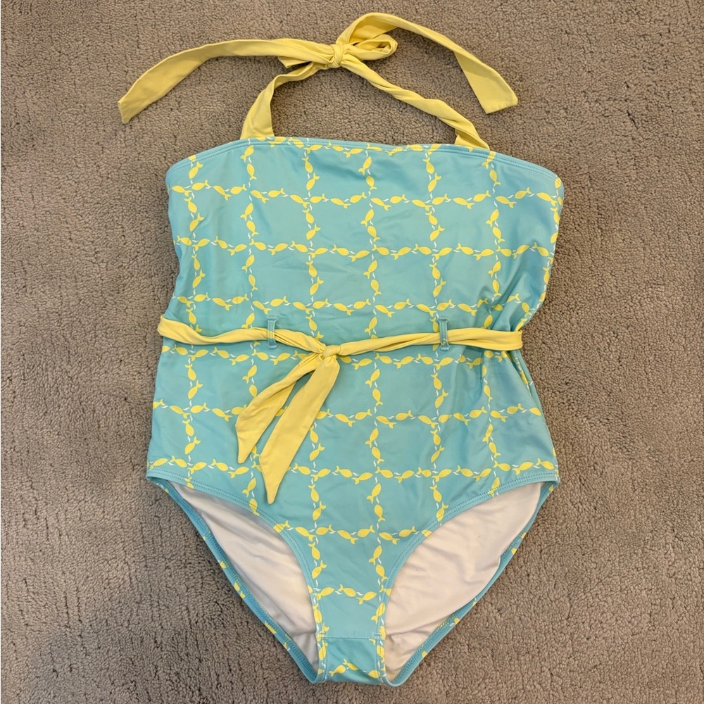 TBBC The Beaufort Bonnet Company Big Girl’s Blue Yellow Fish Belted Swim Suit 14